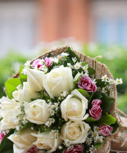 Букет из белых и розовых роз с ромашкой - увеличить
