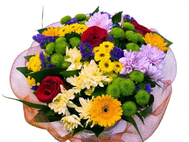 Разноцветный букет с розами и герберой